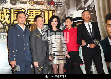 (From left) Hong Kong actors Shawn Yue, Nick Cheung, actress Carina Lau, Jasmine Tan, wife of actor Chow Yun-fat and Chow Yun-fat pose during the prem Stock Photo
