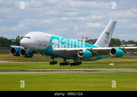 LE BOURGET PARIS - JUN 21, 2019: Airbus A380 passenger plane performing at the Paris Air Show. Stock Photo