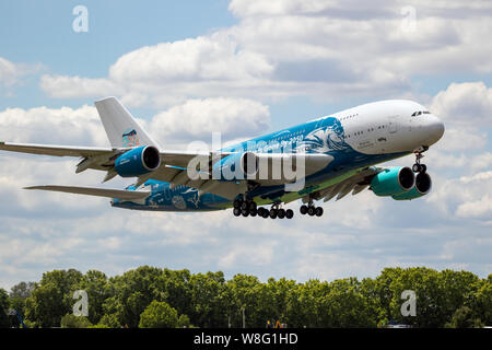 LE BOURGET PARIS - JUN 21, 2019: Airbus A380 passenger plane performing at the Paris Air Show. Stock Photo