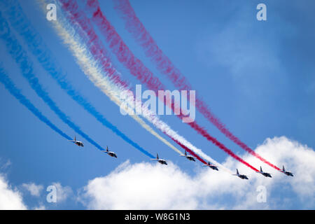 LE BOURGET PARIS - JUN 21, 2019: Patrouille de France flying demonstration team performing at the Paris Air Show. Stock Photo