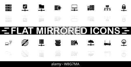 Network Servers icons - Black symbol on white background. Simple illustration. Flat Vector Icon. Mirror Reflection Shadow. Can be used in logo, web, m Stock Vector