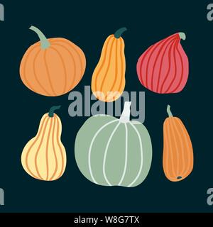 Hand draw Pumpkin Set in simple Doodle Style. Vector illustration Pumpkins in Pastel color of different shapes and sizes isolated on dark background. Stock Vector