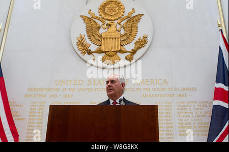 U.S. Secretary of State Rex Tillerson addresses staff at U.S. Embassy London, United Kingdom on September 14, 2017. Stock Photo