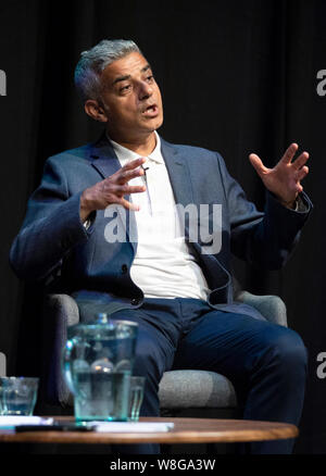 Mayor of London Sadiq Khan being interviewed by Iain Dale at the Gilded Balloon Teviot, Edinburgh, during the Edinburgh Fringe Festival. Stock Photo