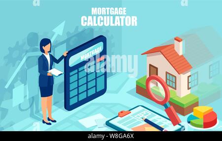 Mortgage calculator concept. Vector of a business woman banker with calculator on a background of a buyer home Stock Vector