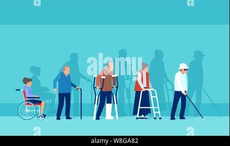 Vector of disabled handicapped senior people in wheelchair, with plaster and crunches, walker and blind man with cane. Stock Vector