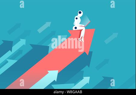 Successful technology implementation concept. Vector of a robot working on laptop sitting on a growing up arrow. Stock Vector