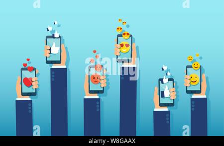 Social media communication and ratings concept. Vector of people hands with smartphones expressing their opinion using app icons Stock Vector