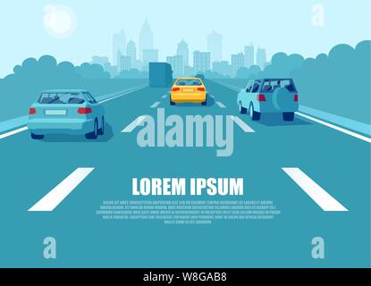 Vector of a city transport with cars and trucks driving on a highway Stock Vector