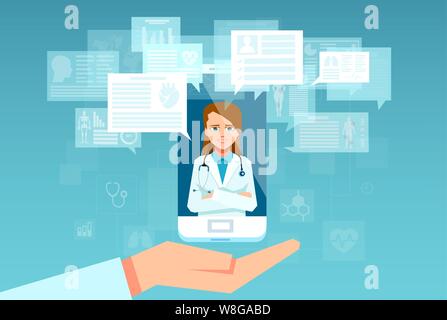 Vector of a female health care professional answering patient questions on the smartphone app. Hospital support online and mobile doctor concept Stock Vector