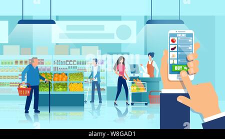 Online supermarket concept. Vector of a hand holding smartphone using grocery shopping app on a supermarket and customers background Stock Vector