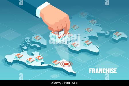 Vector of a businessman hand expanding brand store network on world map. Franchise business concept. Stock Vector