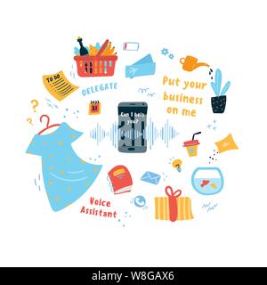 Phone whis voice assistant.There are many to-do list tasks around it. Put your business on me concept. Multitasking helper. Vector illustration. Stock Vector
