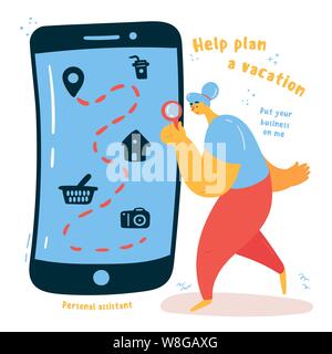 A personal assistant, a young woman who helps plan a vacation.The Assistant helps you make your itinerary with places to rest, spend the night, shop a Stock Vector