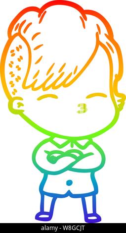 rainbow gradient line drawing of a cartoon squinting girl Stock Vector