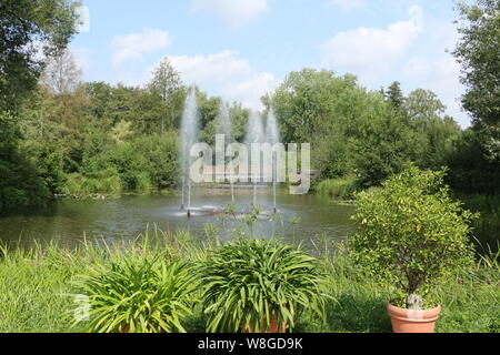 Fontäne im Teich, Kurpark, Bad Bodenteich, Niedersachsen, Deutschland
