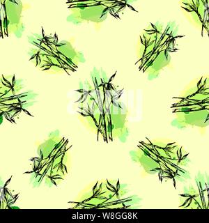 Seamless pattern of hand drawn sketch style bamboo stems with leaves. Isolated vector illustration. Stock Vector