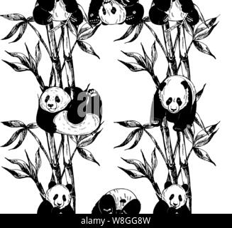 Seamless pattern of hand drawn sketch style pandas and bamboo stems with leaves isolated on white background. Vector illustration. Stock Vector