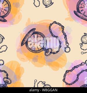 Seamless pattern of hand drawn sketch style pocket watches. Isolated vector illustration. Stock Vector