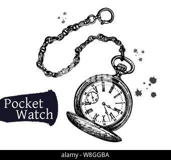 Hand drawn sketch style pocket watch isolated on white background. Vector illustration. Stock Vector