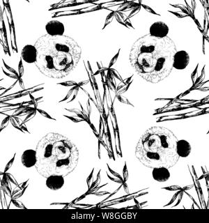 Seamless pattern of hand drawn sketch style pandas and bamboo stems with leaves isolated on white background. Vector illustration. Stock Vector