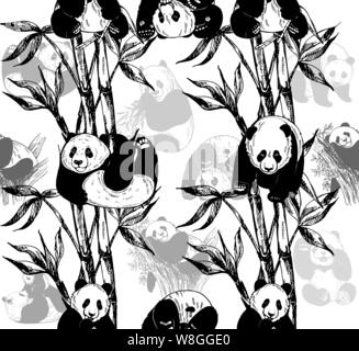 Seamless pattern of hand drawn sketch style pandas and bamboo stems with leaves isolated on white background. Vector illustration. Stock Vector