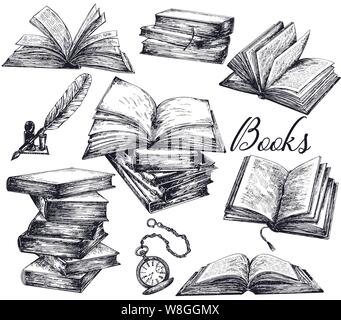 Set of hand drawn sketch style books, feather pen and pocket watch isolated on white background. Vector illustration. Stock Vector
