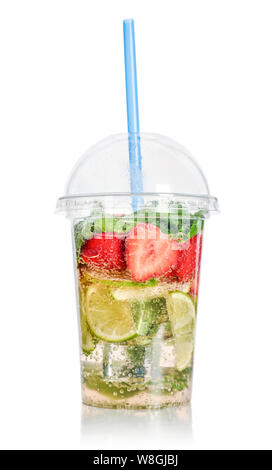 Lemonade with lime, strawberry, and  mint in a plastic cup with drink straw isolated on white background. Take away drinks concept. Stock Photo