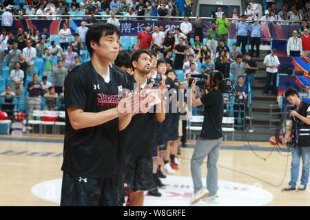 Players of Japan take part in a training session before a group match during the 2015 FIBA Asia Champions for Men in Changsha city, central China's Hu Stock Photo