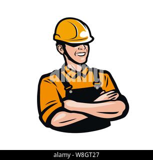 Builder or worker in construction helmet. Repair, fix, industry logo. Vector illustration Stock Vector