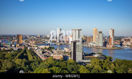 Rotterdam Netherlands June 29, 2019. Cityscape and Erasmus bridge. Aerial view from Euromast tower, sunny day Stock Photo