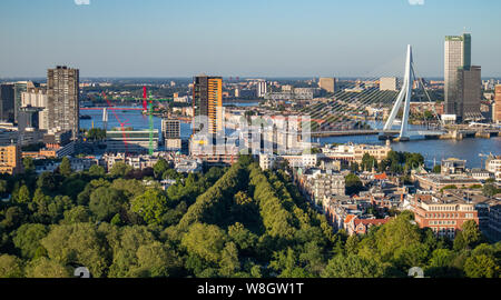 Rotterdam Netherlands June 29, 2019. Cityscape and Erasmus bridge. Aerial view from Euromast tower, sunny day Stock Photo