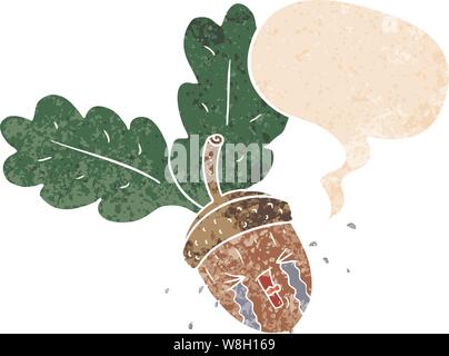 cartoon crying acorn with speech bubble in grunge distressed retro textured style Stock Vector