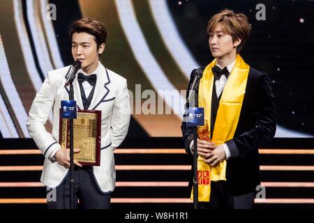 In this handout image, Lee Donghae, left, and Eunhyuk of South Korean pop group Super Junior attend the award ceremony of the 15th Huading Award Globa Stock Photo