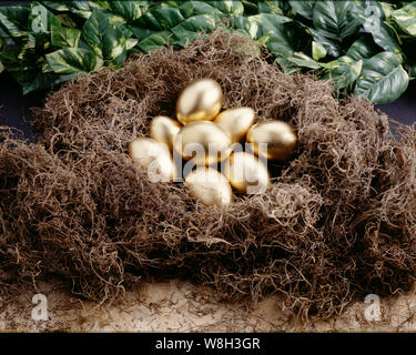 Gold eggs in nest Stock Photo