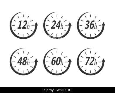 Time of action 12, 24, 36, 48, 60, 72 hours. Flat design on transparent background. Stock Vector