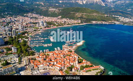 Old town in Budva in a beautiful summer day, Montenegro. Aerial image. Top view. Stock Photo