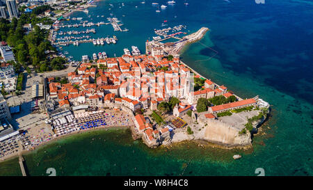 Old town in Budva in a beautiful summer day, Montenegro. Aerial image. Top view. Stock Photo