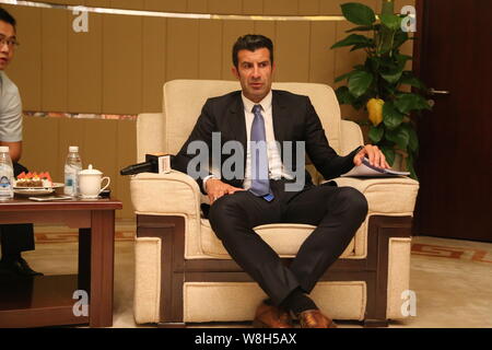 Portuguese football star Luis Figo attends the Seminar of International Youth Football Development Panda Cup 2015 in Chengdu city, southwest China's S Stock Photo