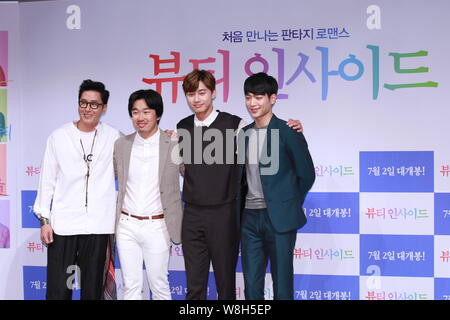 (From left) South Korean actors Kim Joo-hyuk, Jo Dal-hwan, Park Seo-joon and Seo Kang-joon pose during a press conference for their movie 'Beauty Insi Stock Photo