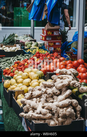 London, UK - July 16, 2019: Fresh vegetables on sale in Brixton Market, a community market run by local traders in the centre of Brixton, South London Stock Photo