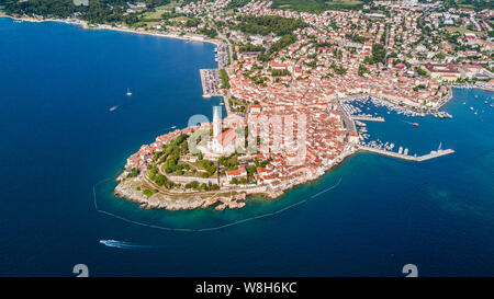 Beautiful Rovinj aerial view from above the Adriatic sea. The old town of Rovinj, Istria, Croatia Stock Photo