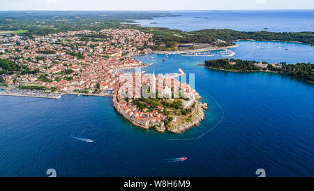 Beautiful Rovinj aerial view from above the Adriatic sea. The old town of Rovinj, Istria, Croatia Stock Photo