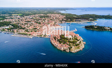 Beautiful Rovinj aerial view from above the Adriatic sea. The old town of Rovinj, Istria, Croatia Stock Photo