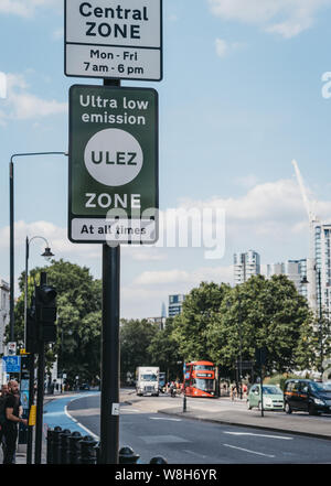 London, UK - July 16, 2019: Signs indicating Ultra Low Emission Zone (ULEZ) on a street in Vauxhall, London. ULEZ was introduced in 2019 to help impro Stock Photo