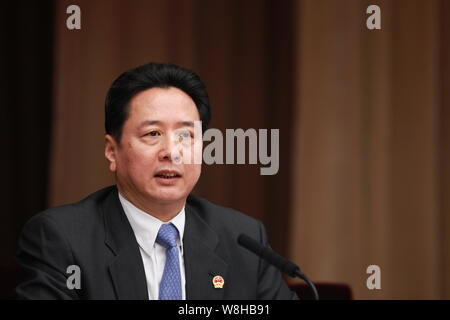 --FILE--Li Xiaopeng, governor of Shanxi province, the son of former premier Li Peng, speaks during a plenary discussion of the First Session of the 12 Stock Photo