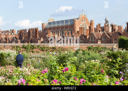 View of Hampton Court Palace and the Great Hall from the Rose Garden. Stock Photo