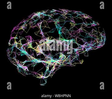 Neural network. Computer illustration of a broken brain's neural network represented by lines and dots. Some aereas are not connected, depicting dementia and Alzheimer's disease. Stock Photo
