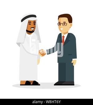 Arabic and european ethnic man characters smiling and shake hands Stock Photo