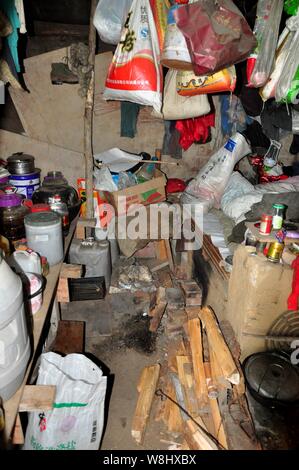 Interior view of the cellar of 58-year-old Chinese man Yu Fazhong, where he has been living alone for ten years, near Beiji Village (Arctic Village) i Stock Photo